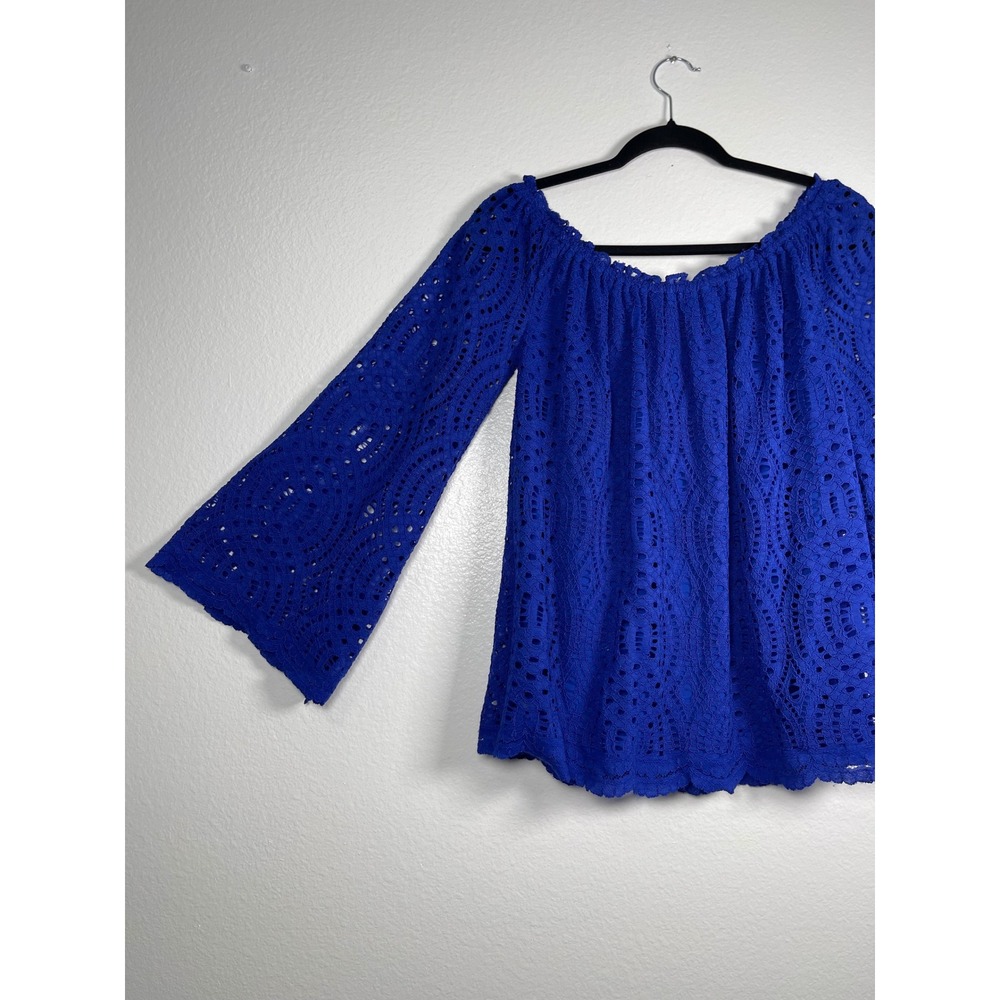 Lilly Pulitzer Blue‎ Lace Off The Shoulder Bell Sleeve Eyelet Blouse Large